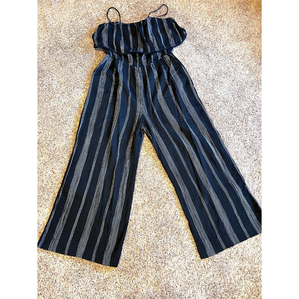 A New Day Striped Wide leg Black Jumpsuit with Ruffled Top Size Large